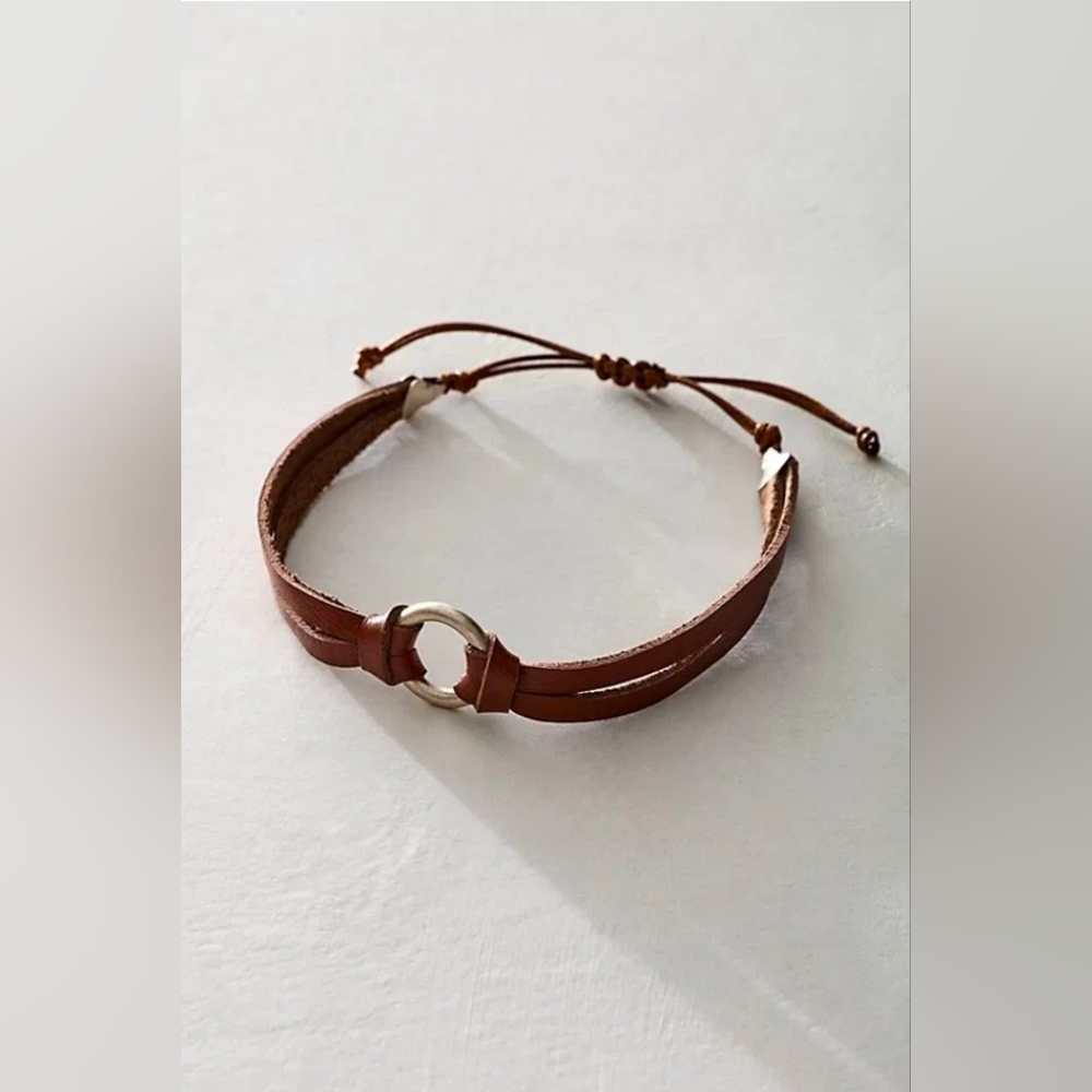 NWT! Free People, County Lines Leather Bracelet, Brown/Silver, MSRP $30